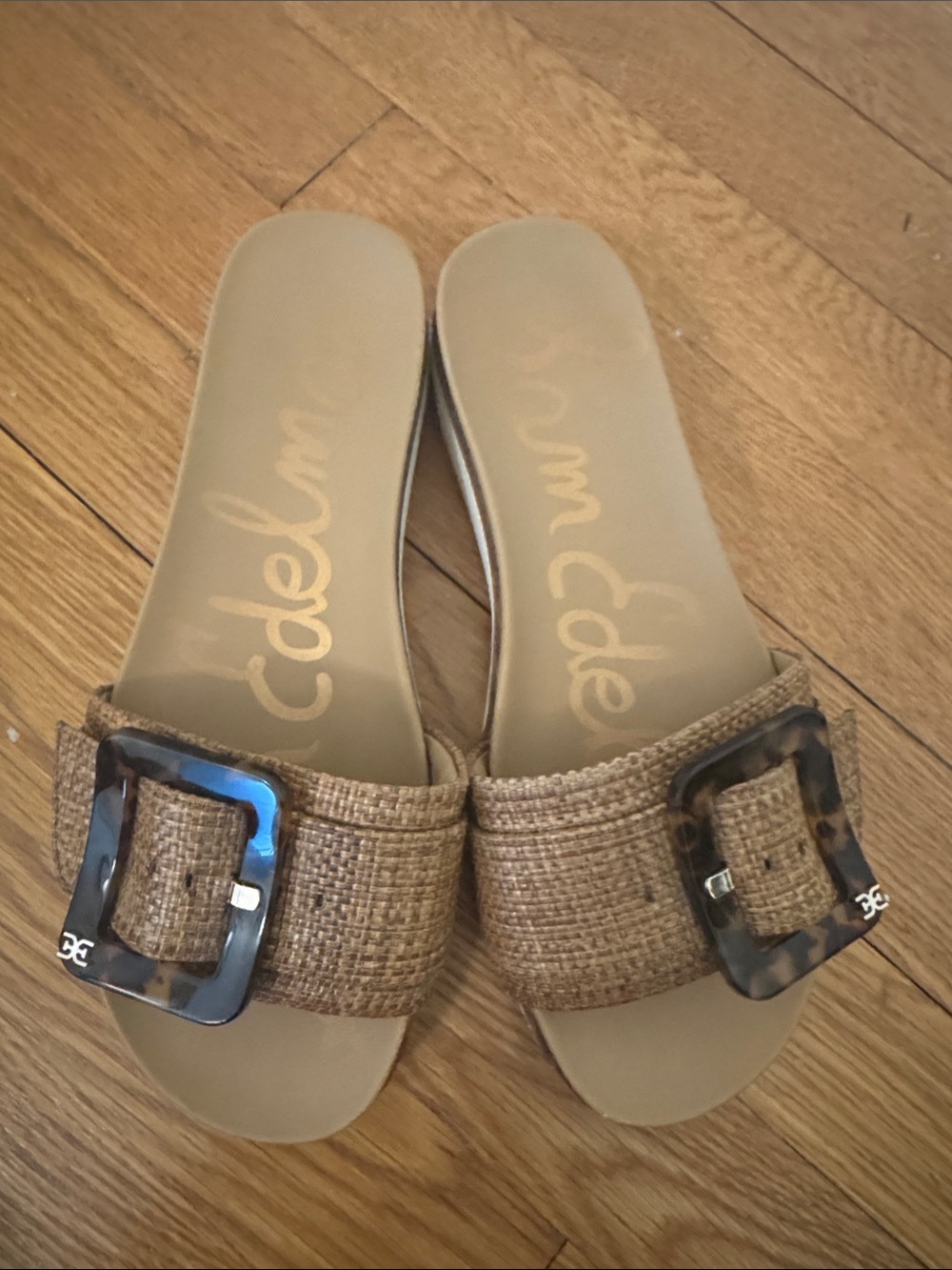 Sam Edelman Tan Woven Slide Sandals with Tortoiseshell Buckle